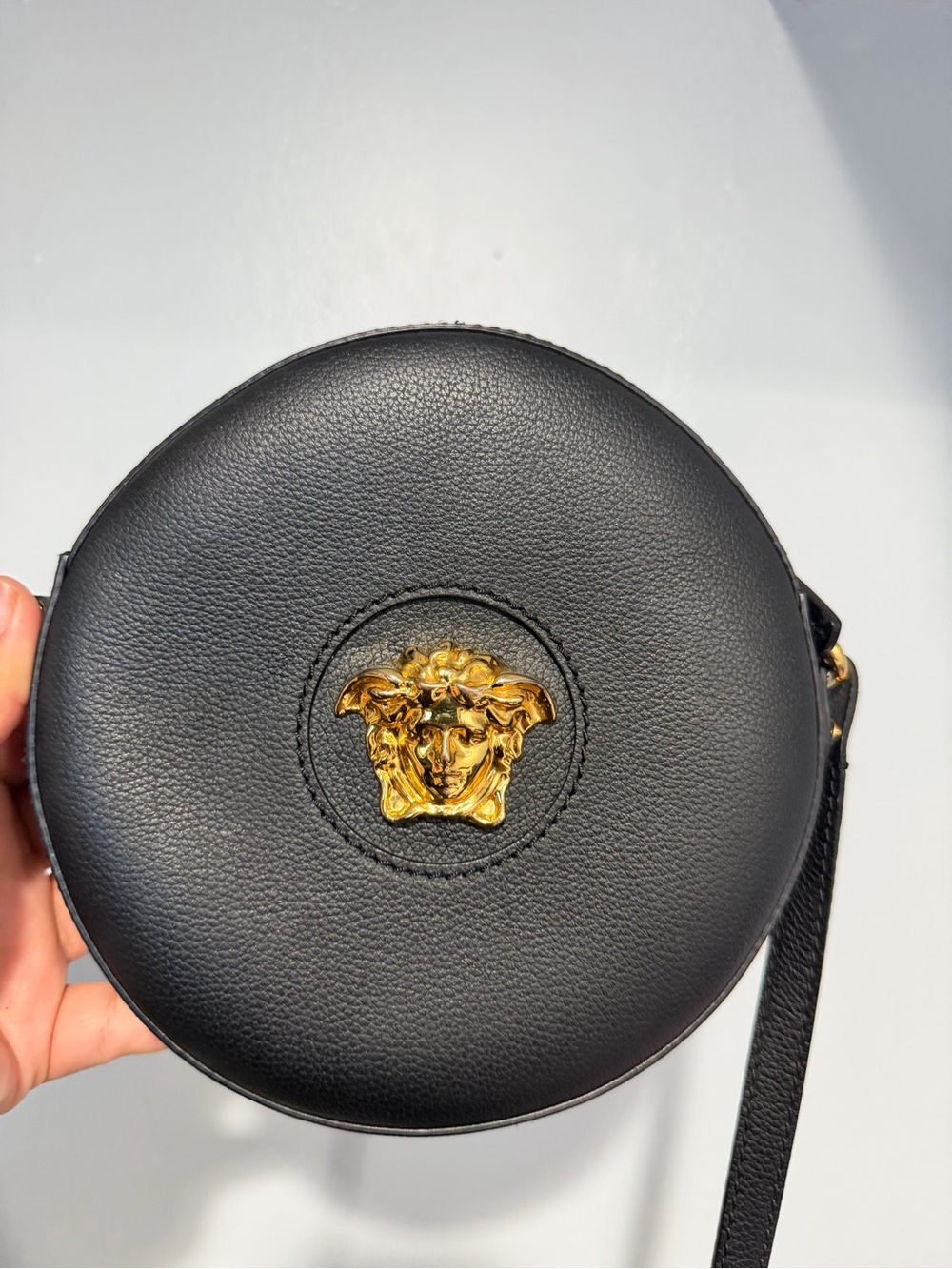Versace Black Round Leather Crossbody with Gold Medusa Emblem